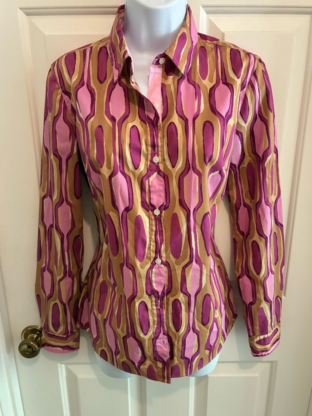J. McLaughlin Pink & Tan Geometric Button-Down Shirt, Cotton/Spandex, XS